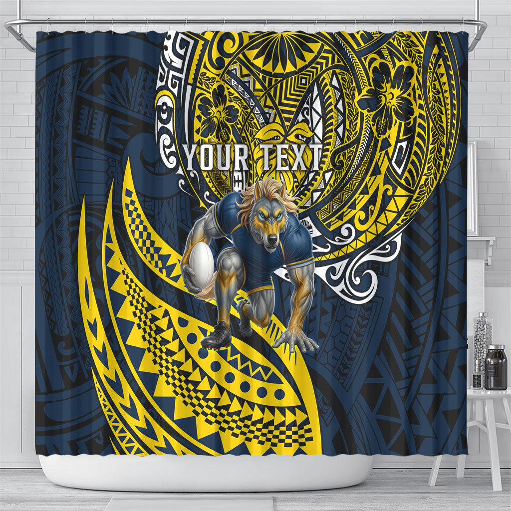 Personalised North Queensland Cowboys Shower Curtain Polynesian Tribal Art Style With Powerful Blue Heeler Mascot