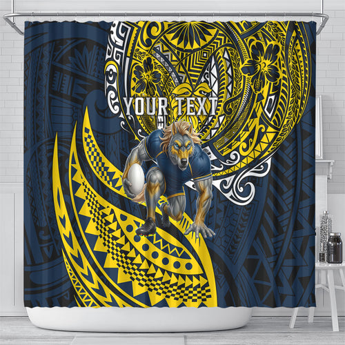 Personalised North Queensland Cowboys Shower Curtain Polynesian Tribal Art Style With Powerful Blue Heeler Mascot