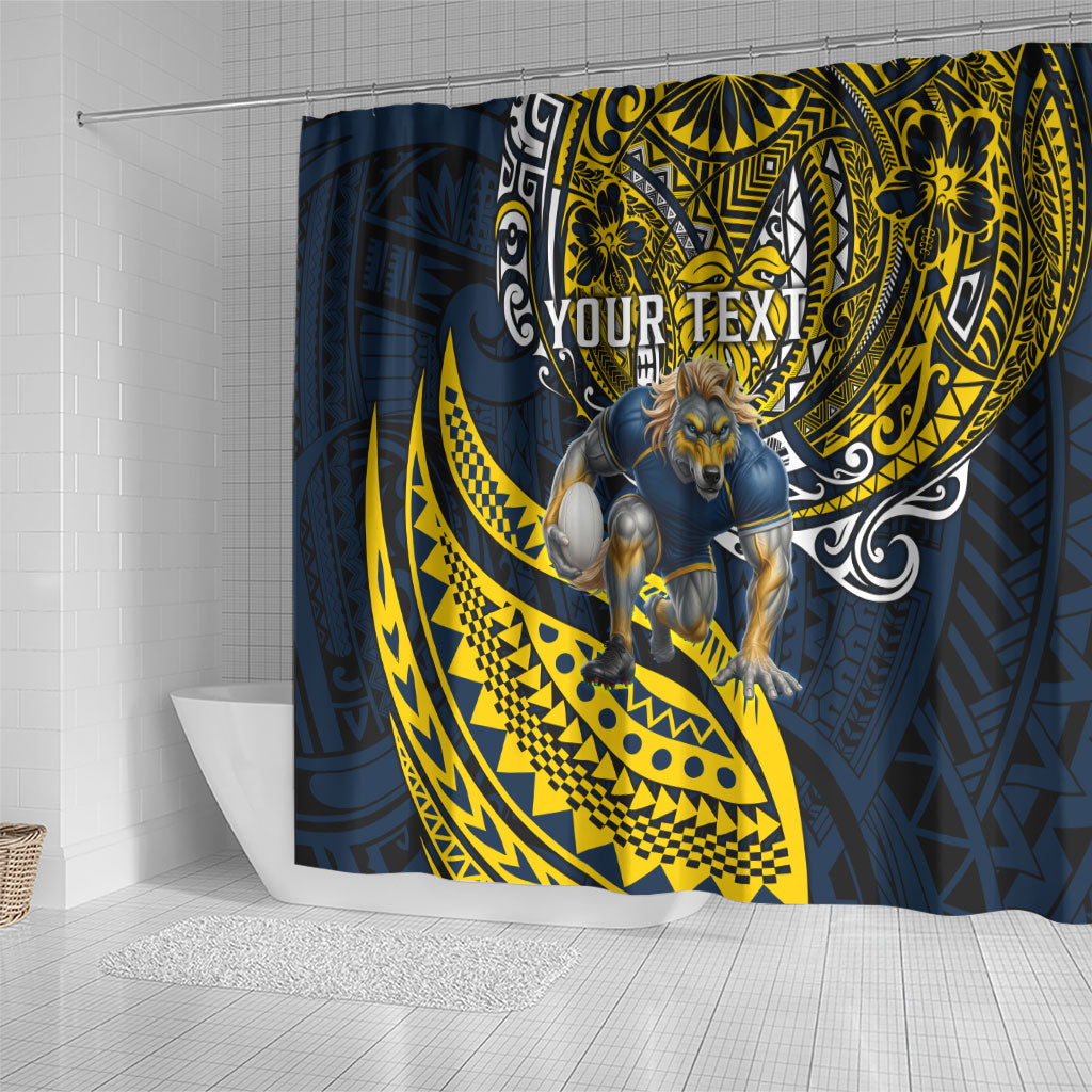 Personalised North Queensland Cowboys Shower Curtain Polynesian Tribal Art Style With Powerful Blue Heeler Mascot