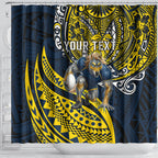 Personalised North Queensland Cowboys Shower Curtain Polynesian Tribal Art Style With Powerful Blue Heeler Mascot