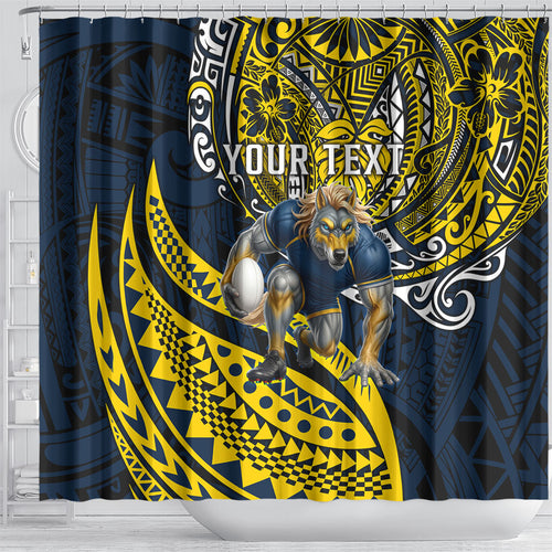 Personalised North Queensland Cowboys Shower Curtain Polynesian Tribal Art Style With Powerful Blue Heeler Mascot