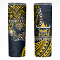 Personalised North Queensland Cowboys Skinny Tumbler Polynesian Tribal Art Style With Powerful Blue Heeler Mascot