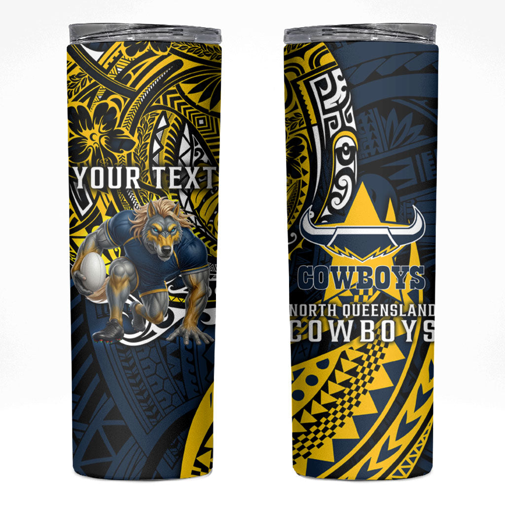 Personalised North Queensland Cowboys Skinny Tumbler Polynesian Tribal Art Style With Powerful Blue Heeler Mascot