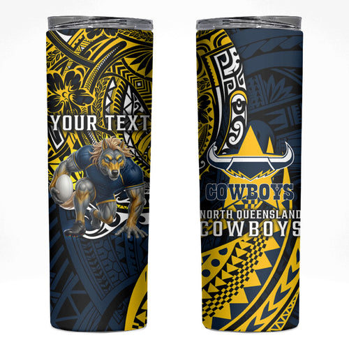Personalised North Queensland Cowboys Skinny Tumbler Polynesian Tribal Art Style With Powerful Blue Heeler Mascot