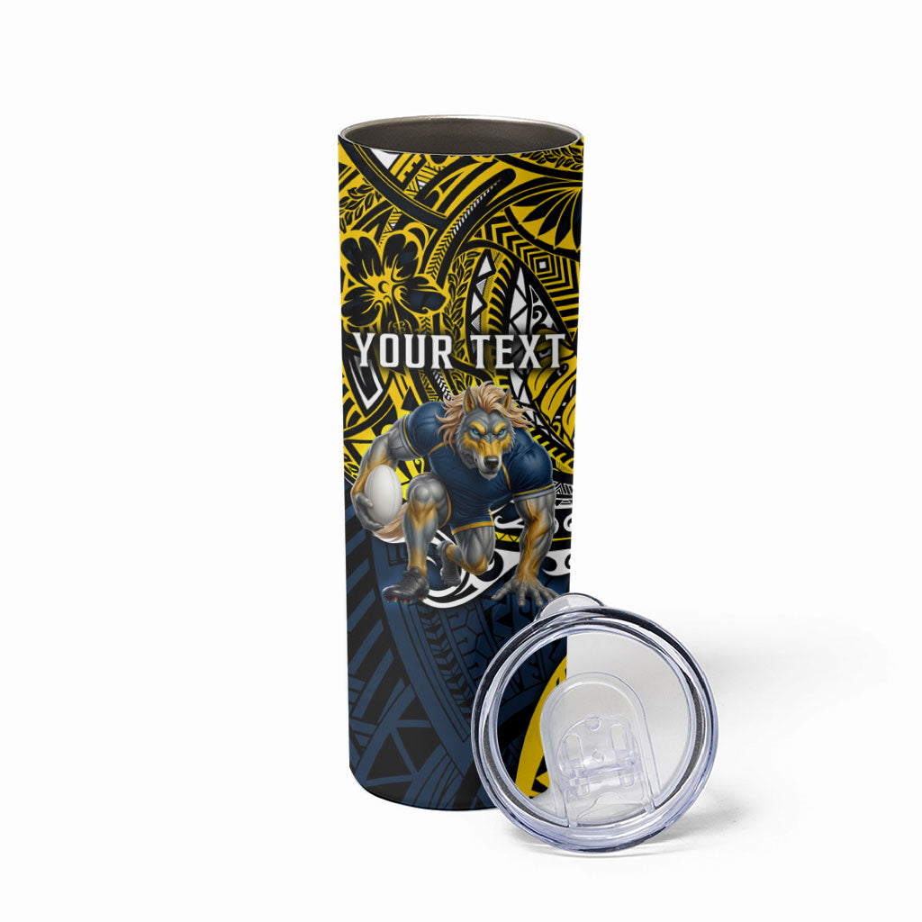 Personalised North Queensland Cowboys Skinny Tumbler Polynesian Tribal Art Style With Powerful Blue Heeler Mascot