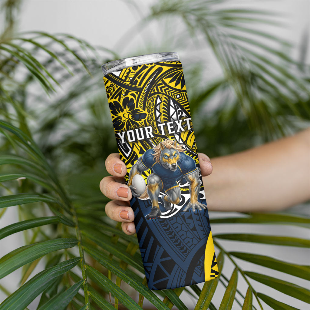 Personalised North Queensland Cowboys Skinny Tumbler Polynesian Tribal Art Style With Powerful Blue Heeler Mascot