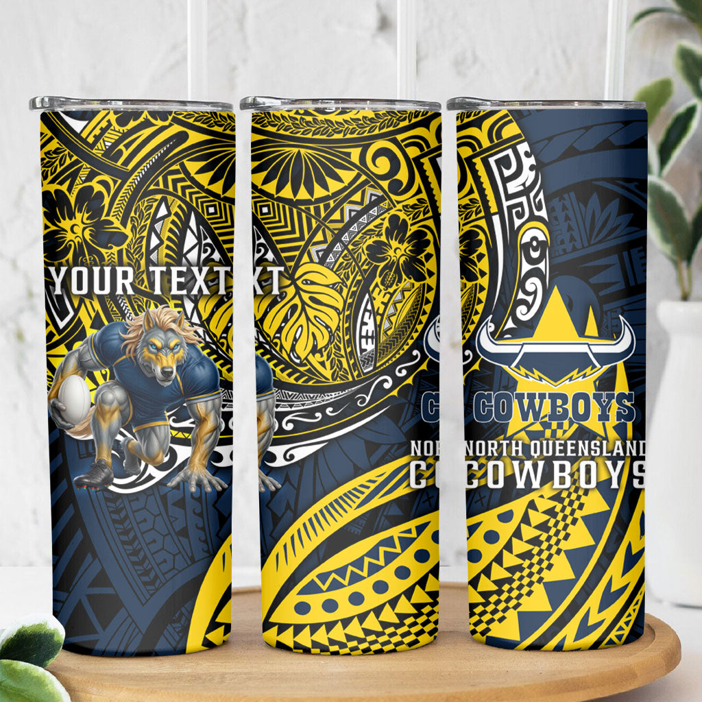 Personalised North Queensland Cowboys Skinny Tumbler Polynesian Tribal Art Style With Powerful Blue Heeler Mascot