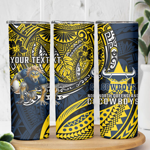 Personalised North Queensland Cowboys Skinny Tumbler Polynesian Tribal Art Style With Powerful Blue Heeler Mascot