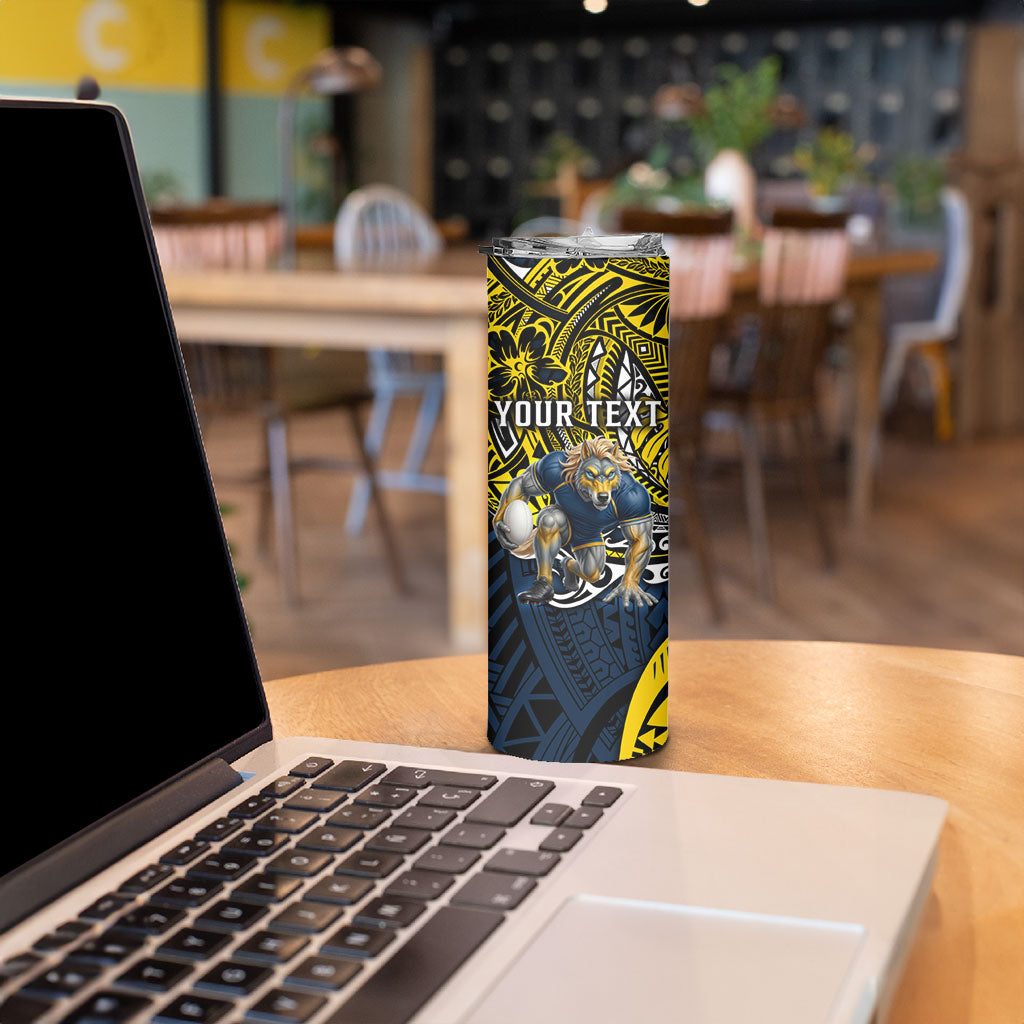 Personalised North Queensland Cowboys Skinny Tumbler Polynesian Tribal Art Style With Powerful Blue Heeler Mascot