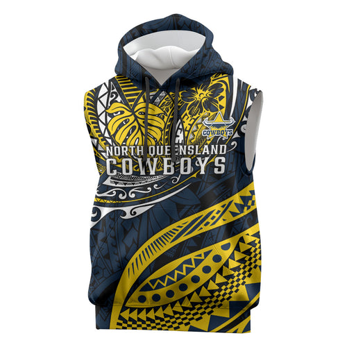 Personalised North Queensland Cowboys Sleeveless Hoodie Polynesian Tribal Art Style With Powerful Blue Heeler Mascot