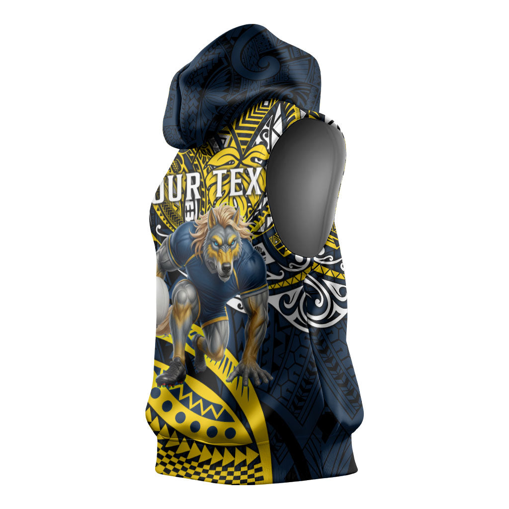 Personalised North Queensland Cowboys Sleeveless Hoodie Polynesian Tribal Art Style With Powerful Blue Heeler Mascot