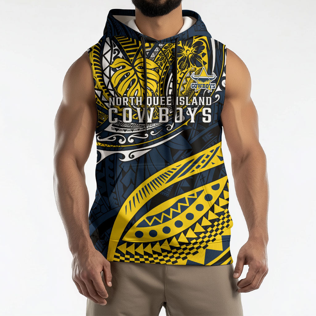 Personalised North Queensland Cowboys Sleeveless Hoodie Polynesian Tribal Art Style With Powerful Blue Heeler Mascot