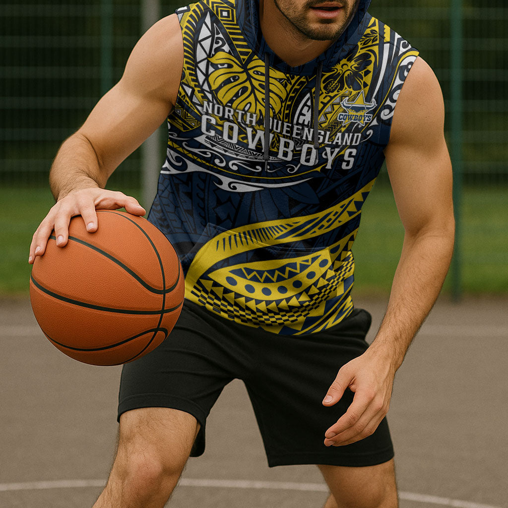 Personalised North Queensland Cowboys Sleeveless Hoodie Polynesian Tribal Art Style With Powerful Blue Heeler Mascot