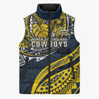 Personalised North Queensland Cowboys Sleeveless Puffer Jacket Polynesian Tribal Art Style With Powerful Blue Heeler Mascot
