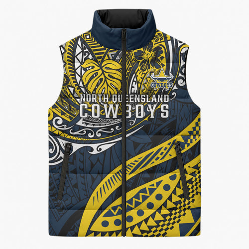 Personalised North Queensland Cowboys Sleeveless Puffer Jacket Polynesian Tribal Art Style With Powerful Blue Heeler Mascot