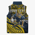Personalised North Queensland Cowboys Sleeveless Puffer Jacket Polynesian Tribal Art Style With Powerful Blue Heeler Mascot
