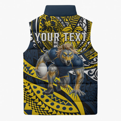 Personalised North Queensland Cowboys Sleeveless Puffer Jacket Polynesian Tribal Art Style With Powerful Blue Heeler Mascot