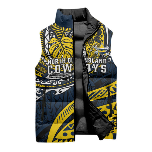 Personalised North Queensland Cowboys Sleeveless Puffer Jacket Polynesian Tribal Art Style With Powerful Blue Heeler Mascot