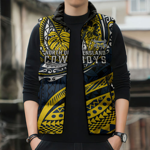 Personalised North Queensland Cowboys Sleeveless Puffer Jacket Polynesian Tribal Art Style With Powerful Blue Heeler Mascot
