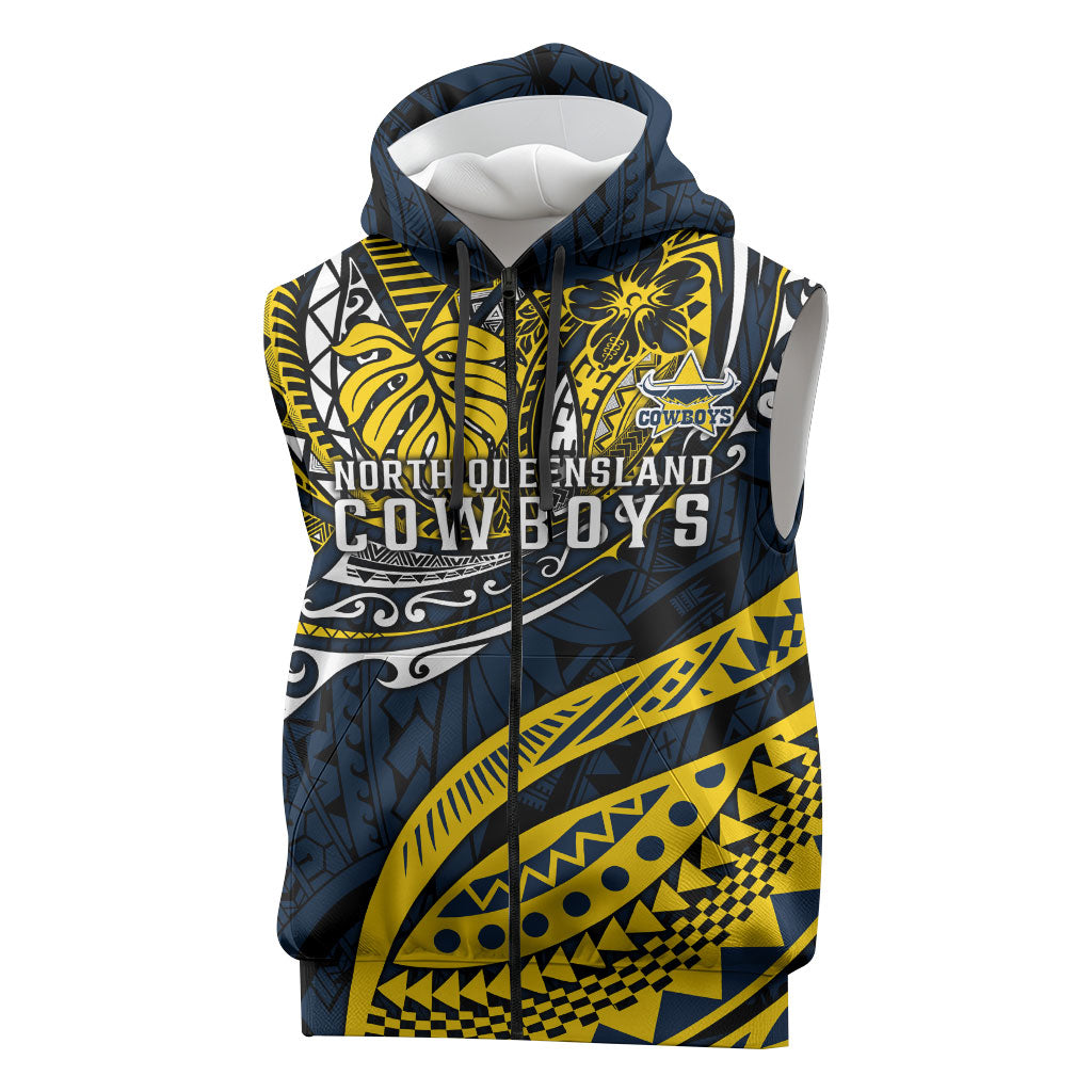 Personalised North Queensland Cowboys Sleeveless Zip Hoodie Polynesian Tribal Art Style With Powerful Blue Heeler Mascot