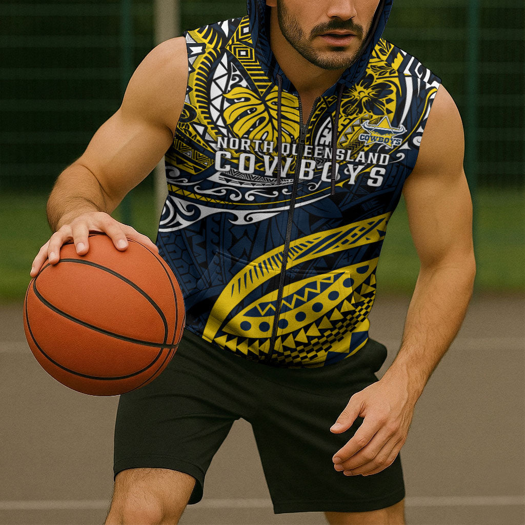 Personalised North Queensland Cowboys Sleeveless Zip Hoodie Polynesian Tribal Art Style With Powerful Blue Heeler Mascot