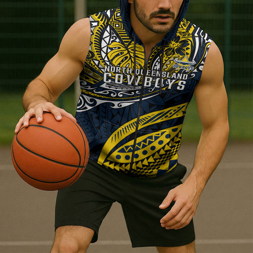 Personalised North Queensland Cowboys Sleeveless Zip Hoodie Polynesian Tribal Art Style With Powerful Blue Heeler Mascot