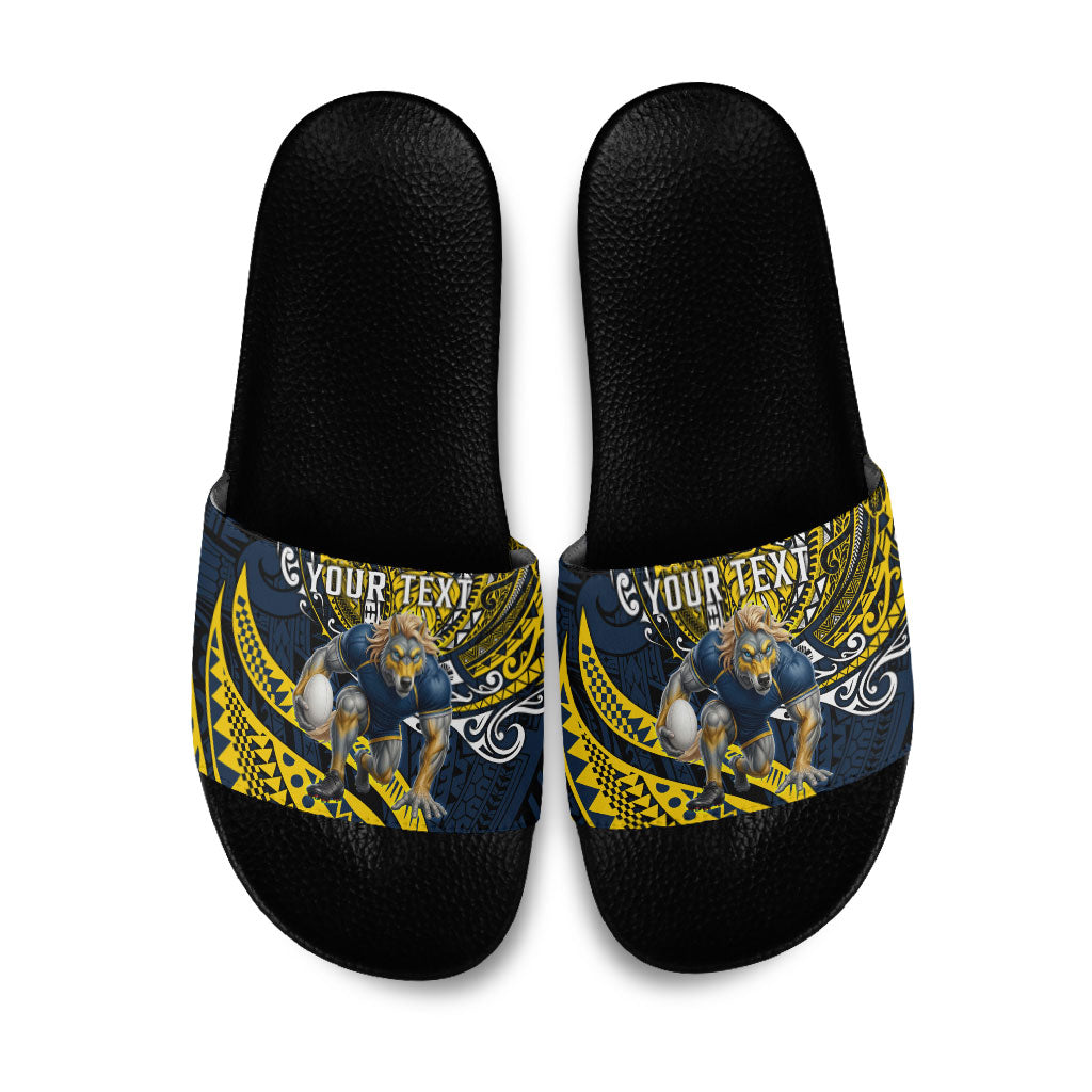 Personalised North Queensland Cowboys Slide Sandals Polynesian Tribal Art Style With Powerful Blue Heeler Mascot