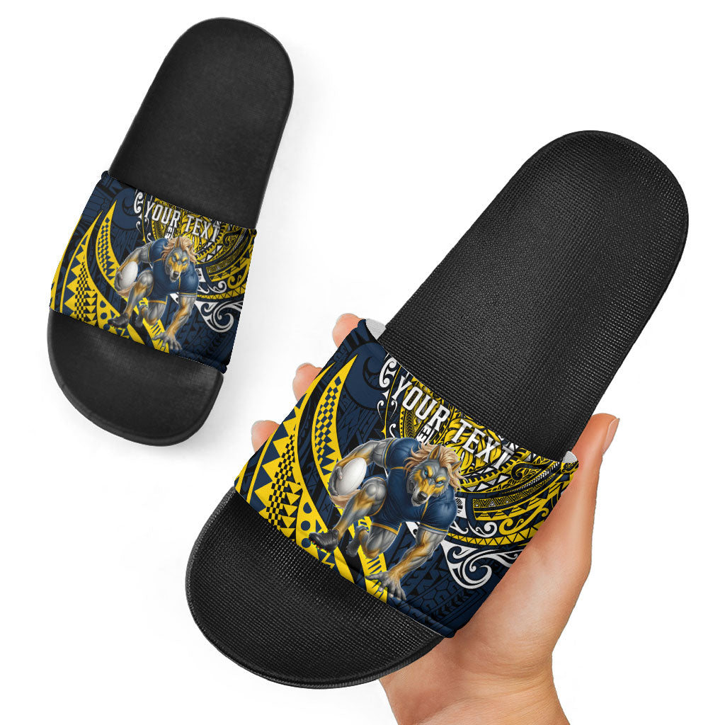 Personalised North Queensland Cowboys Slide Sandals Polynesian Tribal Art Style With Powerful Blue Heeler Mascot