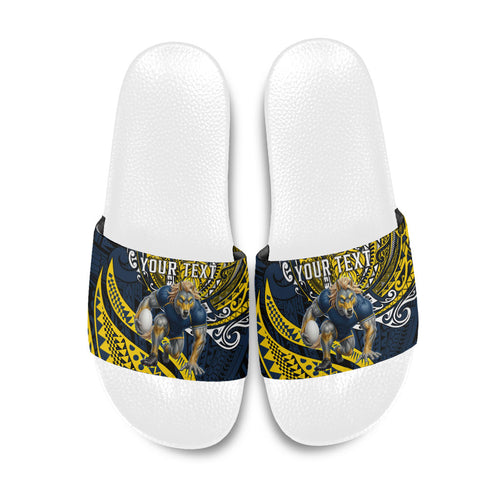 Personalised North Queensland Cowboys Slide Sandals Polynesian Tribal Art Style With Powerful Blue Heeler Mascot
