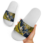 Personalised North Queensland Cowboys Slide Sandals Polynesian Tribal Art Style With Powerful Blue Heeler Mascot