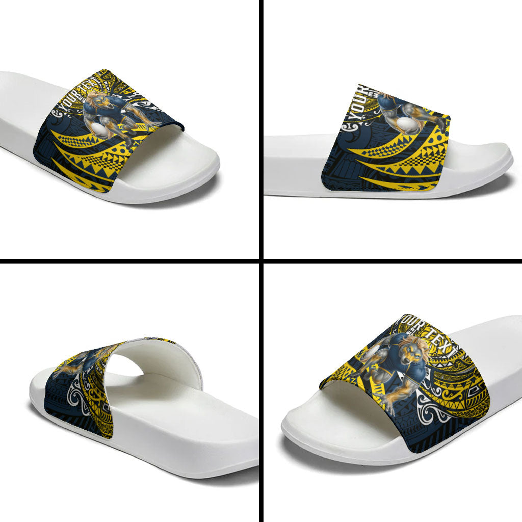 Personalised North Queensland Cowboys Slide Sandals Polynesian Tribal Art Style With Powerful Blue Heeler Mascot