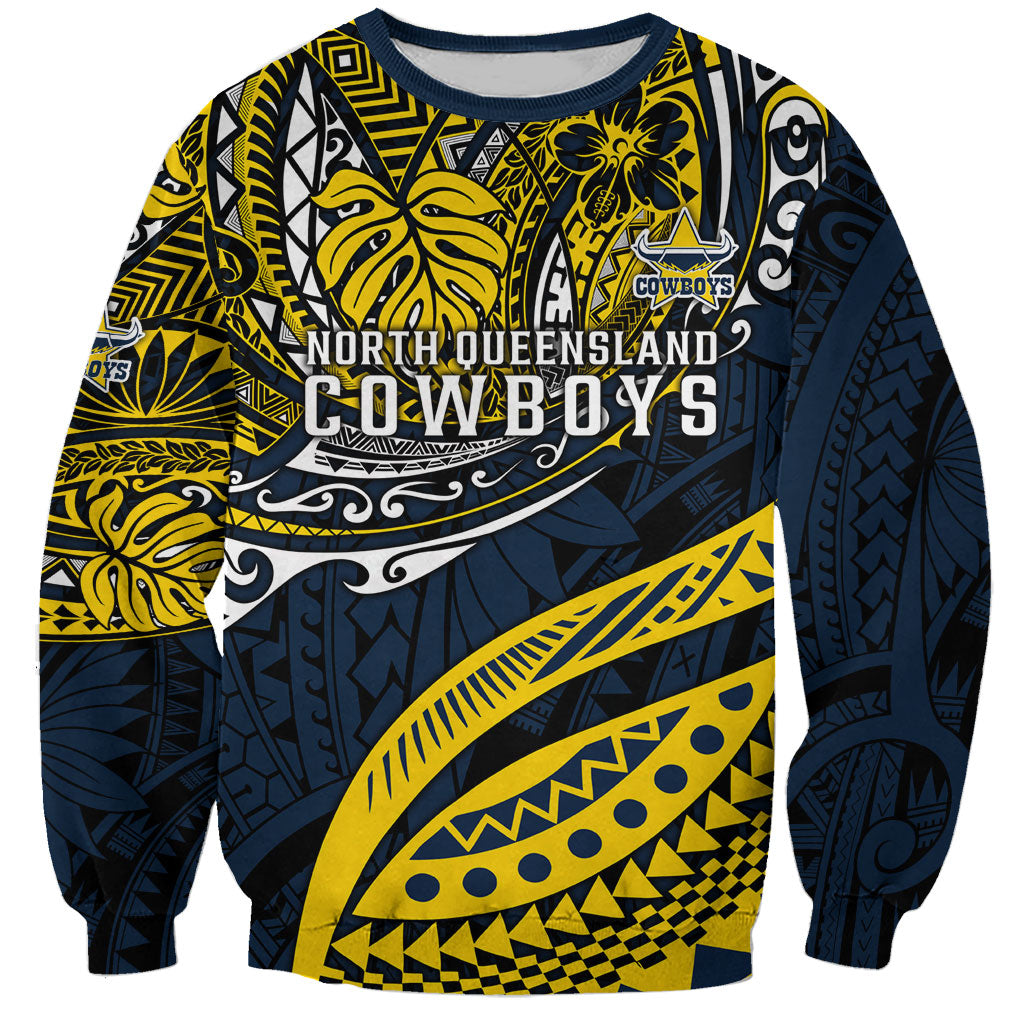 Personalised North Queensland Cowboys Sweatshirt Polynesian Tribal Art Style With Powerful Blue Heeler Mascot