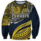 Personalised North Queensland Cowboys Sweatshirt Polynesian Tribal Art Style With Powerful Blue Heeler Mascot