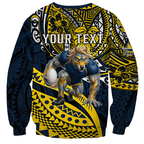 Personalised North Queensland Cowboys Sweatshirt Polynesian Tribal Art Style With Powerful Blue Heeler Mascot