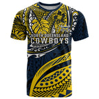 Personalised North Queensland Cowboys T Shirt Polynesian Tribal Art Style With Powerful Blue Heeler Mascot