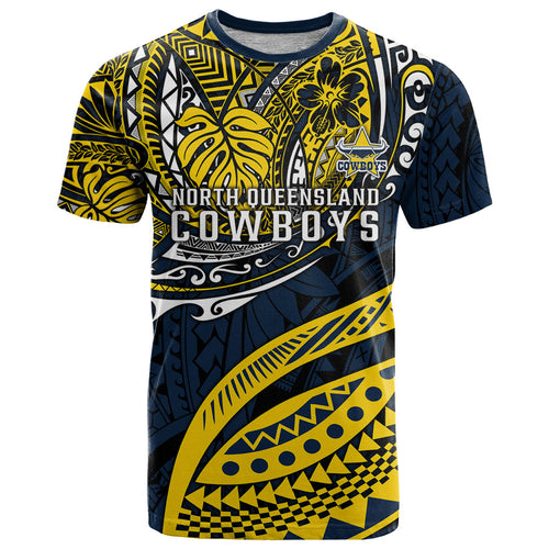 Personalised North Queensland Cowboys T Shirt Polynesian Tribal Art Style With Powerful Blue Heeler Mascot