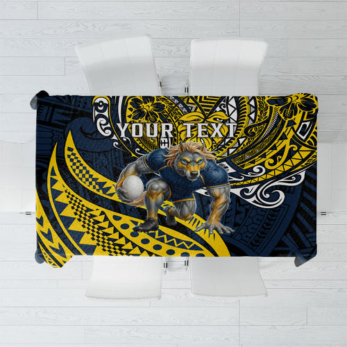Personalised North Queensland Cowboys Tablecloth Polynesian Tribal Art Style With Powerful Blue Heeler Mascot