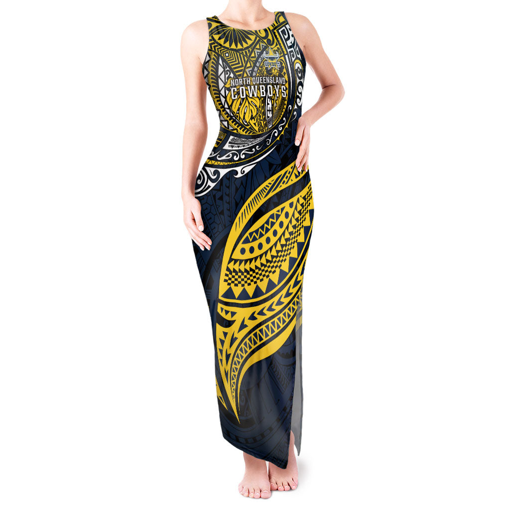 Personalised North Queensland Cowboys Tank Maxi Dress Polynesian Tribal Art Style With Powerful Blue Heeler Mascot