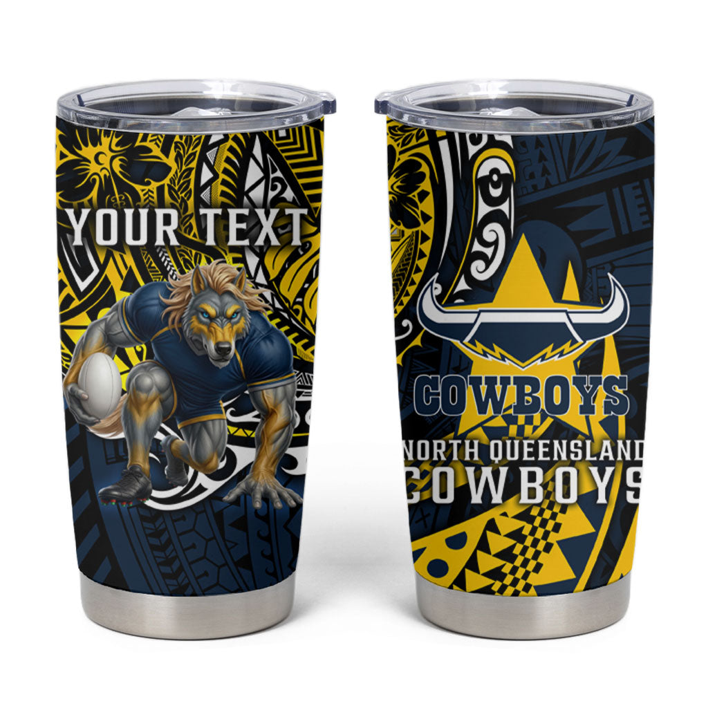 Personalised North Queensland Cowboys Tumbler Cup Polynesian Tribal Art Style With Powerful Blue Heeler Mascot