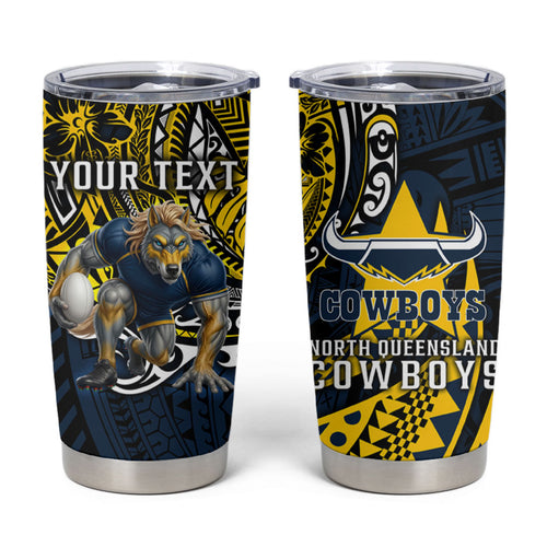 Personalised North Queensland Cowboys Tumbler Cup Polynesian Tribal Art Style With Powerful Blue Heeler Mascot
