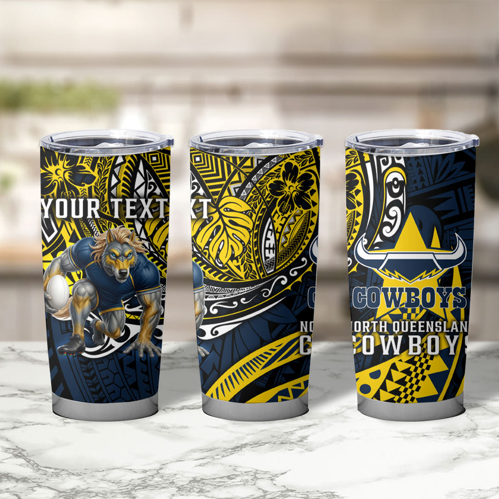Personalised North Queensland Cowboys Tumbler Cup Polynesian Tribal Art Style With Powerful Blue Heeler Mascot