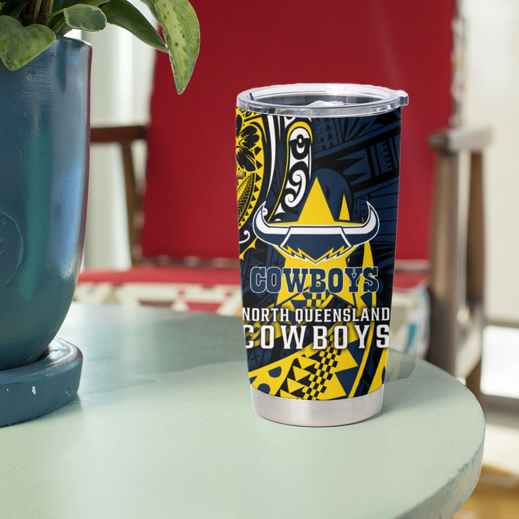 Personalised North Queensland Cowboys Tumbler Cup Polynesian Tribal Art Style With Powerful Blue Heeler Mascot