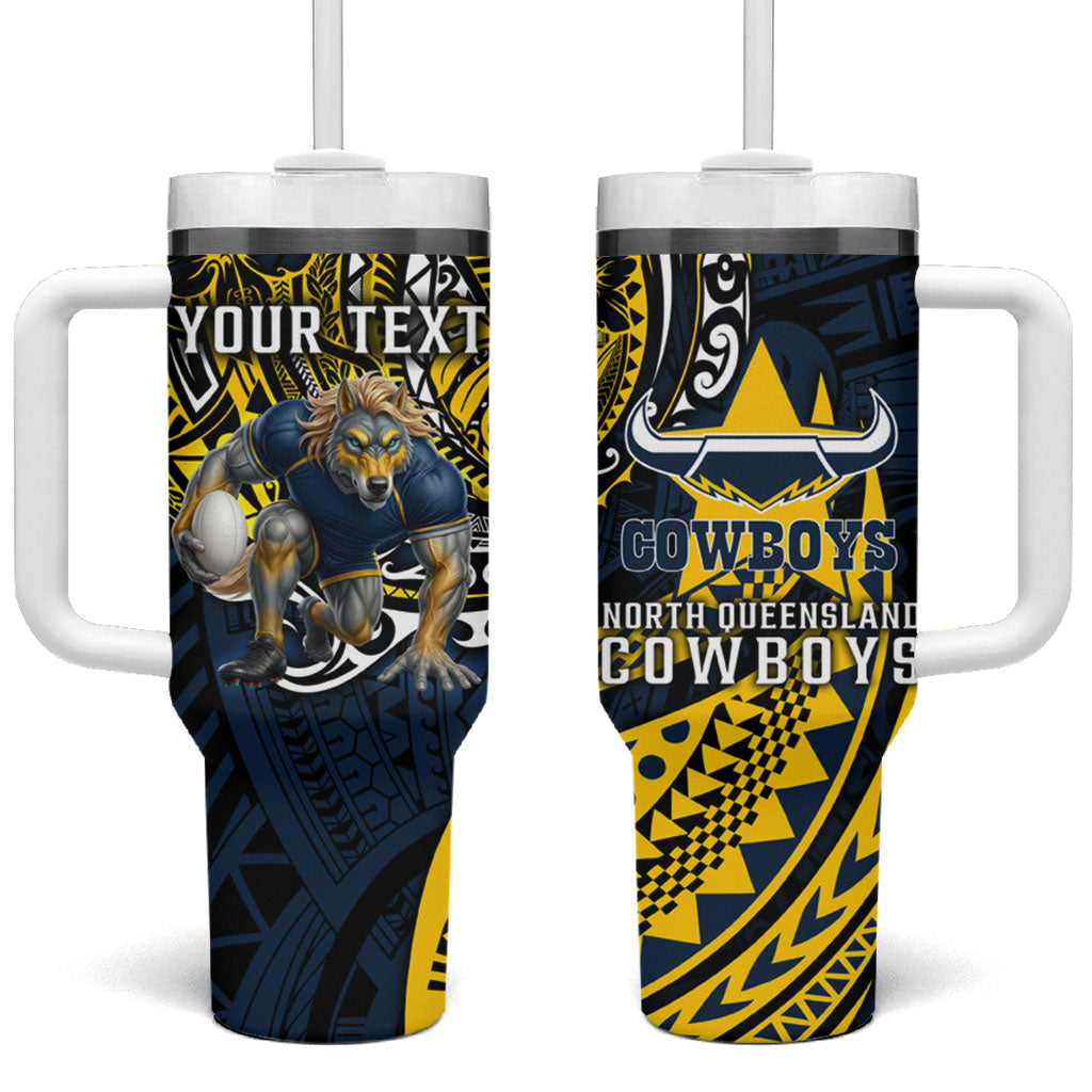 Personalised North Queensland Cowboys Tumbler With Handle Polynesian Tribal Art Style With Powerful Blue Heeler Mascot
