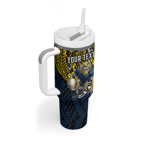 Personalised North Queensland Cowboys Tumbler With Handle Polynesian Tribal Art Style With Powerful Blue Heeler Mascot
