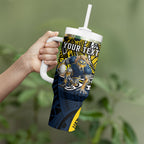 Personalised North Queensland Cowboys Tumbler With Handle Polynesian Tribal Art Style With Powerful Blue Heeler Mascot