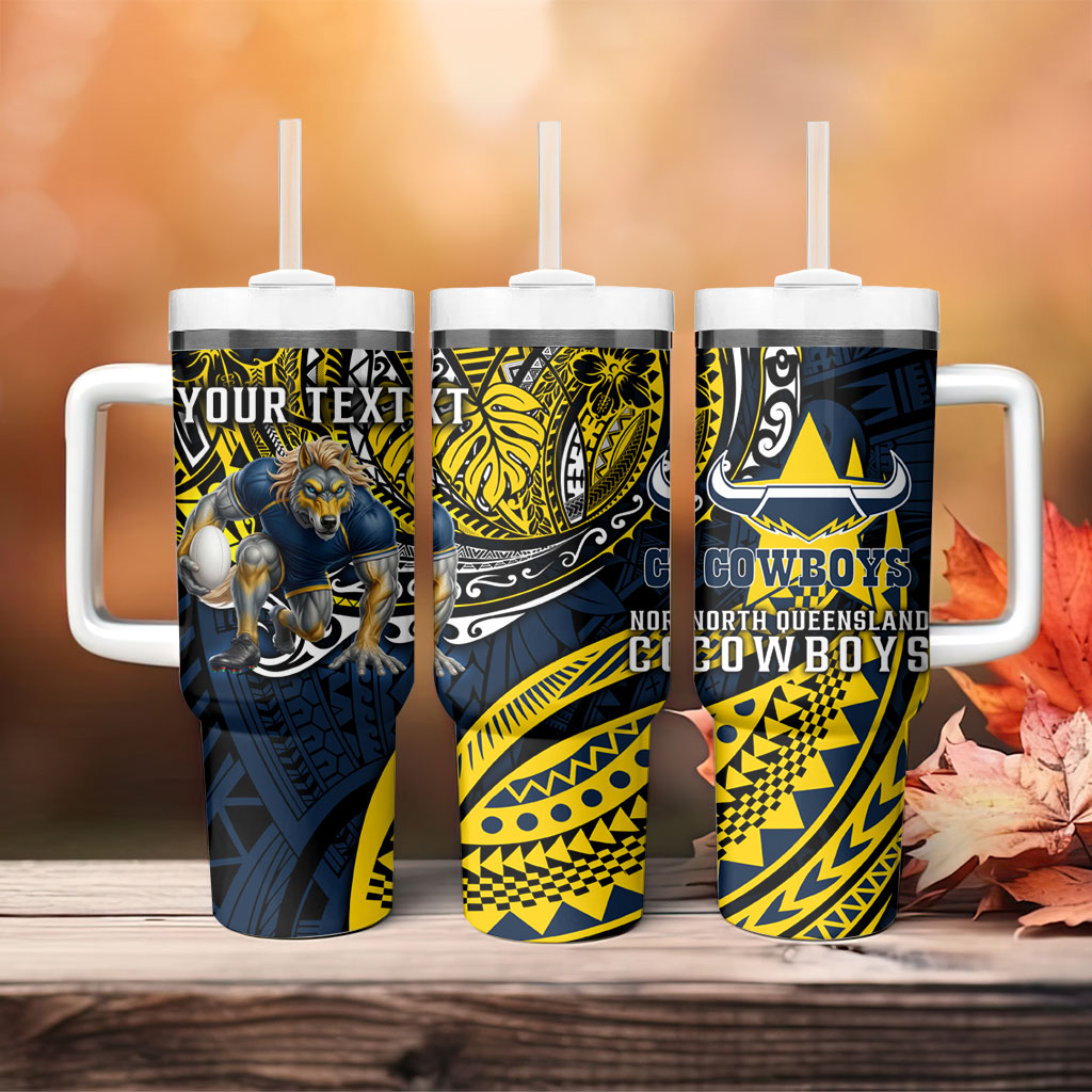 Personalised North Queensland Cowboys Tumbler With Handle Polynesian Tribal Art Style With Powerful Blue Heeler Mascot