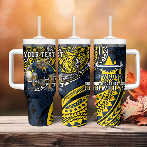 Personalised North Queensland Cowboys Tumbler With Handle Polynesian Tribal Art Style With Powerful Blue Heeler Mascot