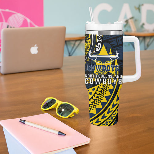 Personalised North Queensland Cowboys Tumbler With Handle Polynesian Tribal Art Style With Powerful Blue Heeler Mascot