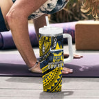 Personalised North Queensland Cowboys Tumbler With Handle Polynesian Tribal Art Style With Powerful Blue Heeler Mascot