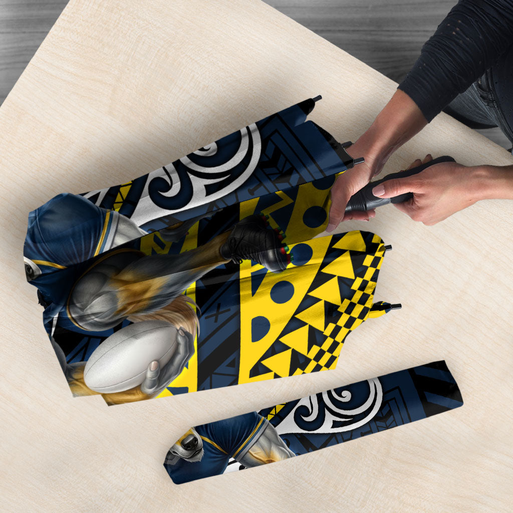 Personalised North Queensland Cowboys Umbrella Polynesian Tribal Art Style With Powerful Blue Heeler Mascot